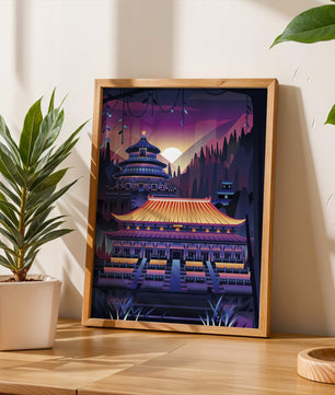 Neon Asian Temple at Sunset in Stylized Landscape