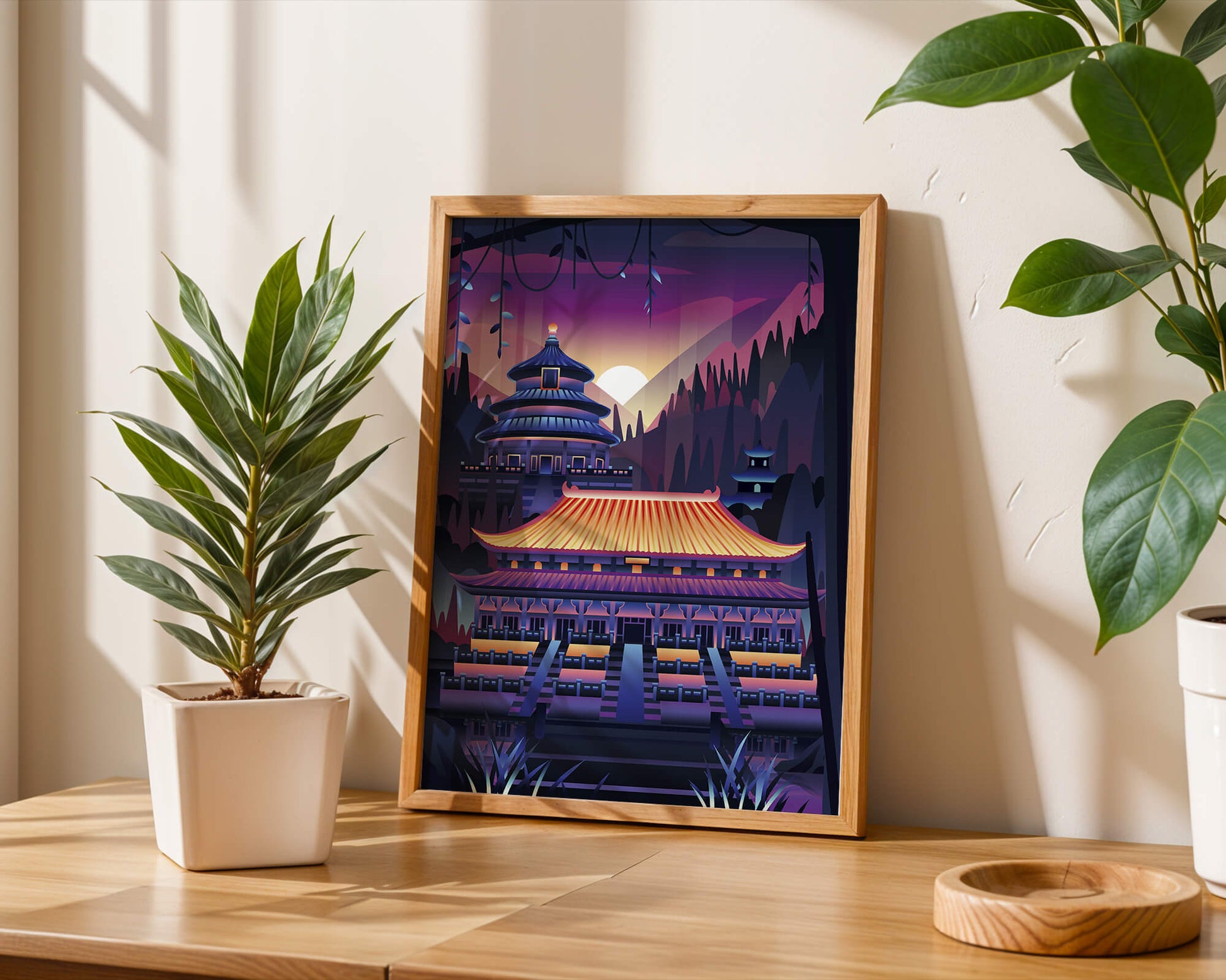 Neon Asian Temple at Sunset in Stylized Landscape