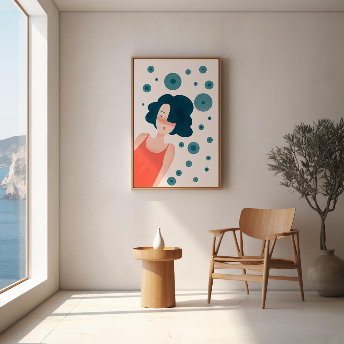 Dreamy Female Portrait with Abstract Circles in Modern Art Style - Mi tienda