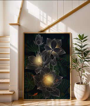 Beautiful lotus flowers with glow effect and koi fish - Mi tienda