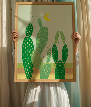 Desert cactus illustration with crescent moon
