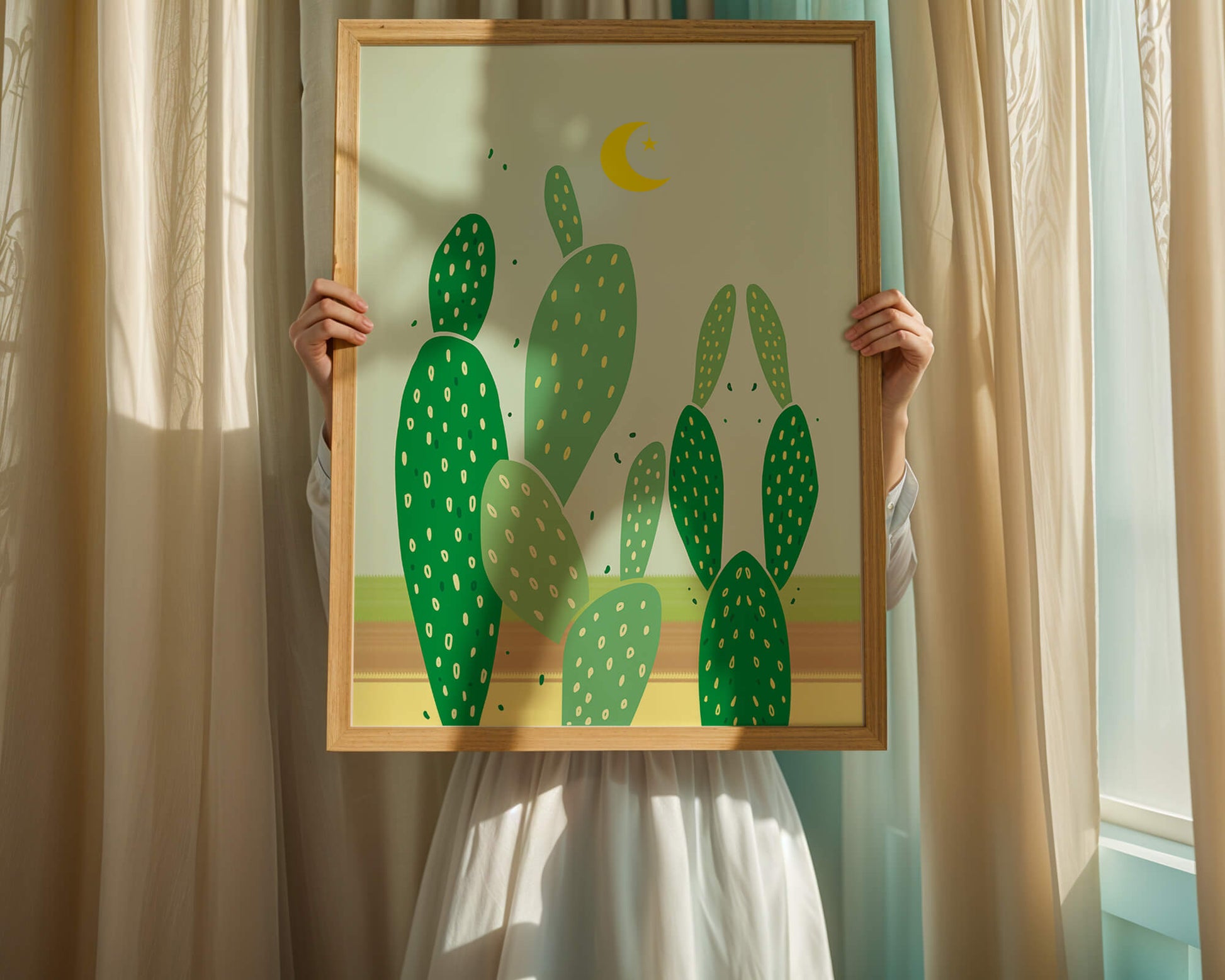 Desert cactus illustration with crescent moon