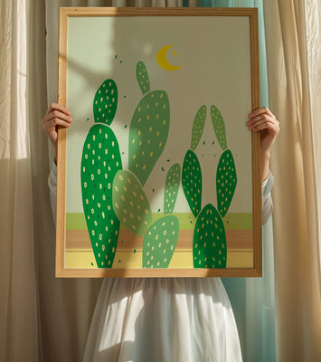 Desert cactus illustration with crescent moon