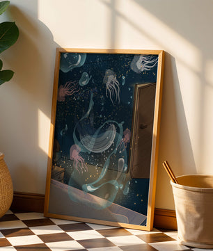 Tema de cuarto submarino con medusas y una puerta