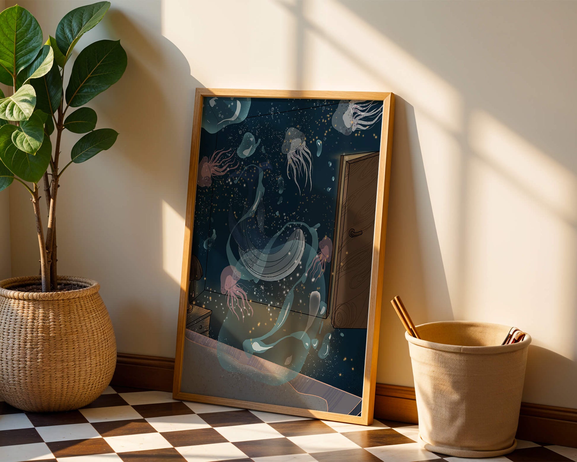 Underwater-themed room with jellyfish and a door