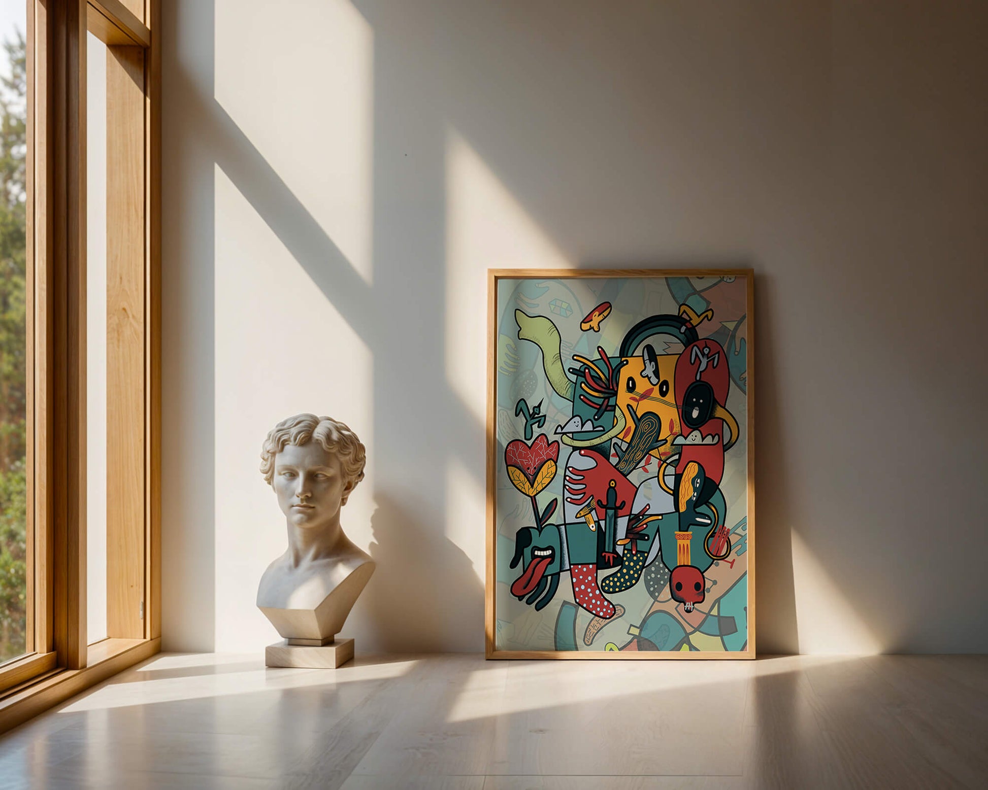 Composición artística surrealista abstracta con colores vibrantes