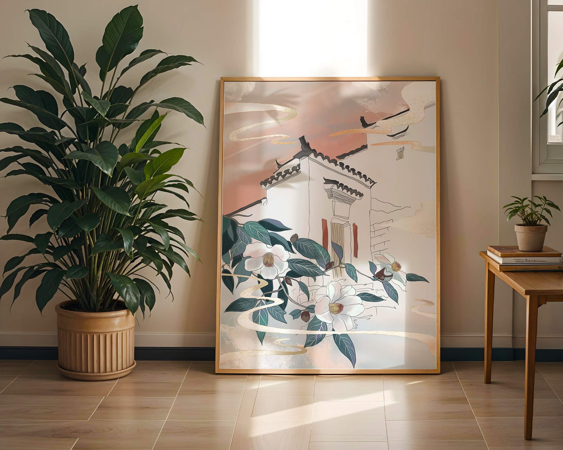 Escena arquitectónica serena con flores y cielo de atardecer