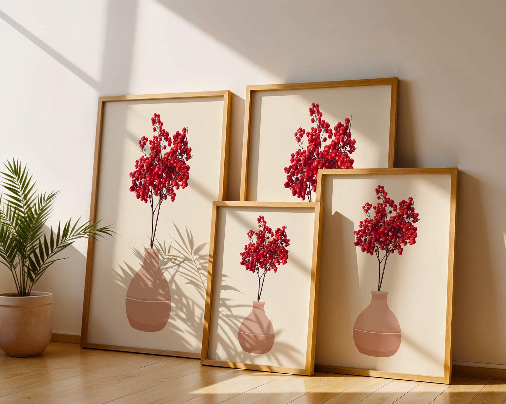 Red berries in minimalist clay vase on neutral background