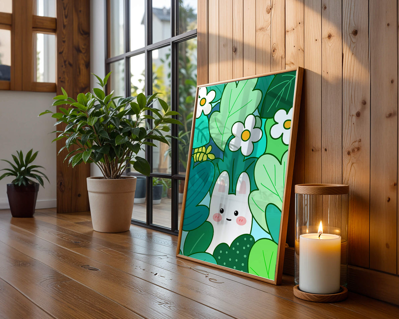 Illustration of a cute rabbit hidden among flowers and greenery