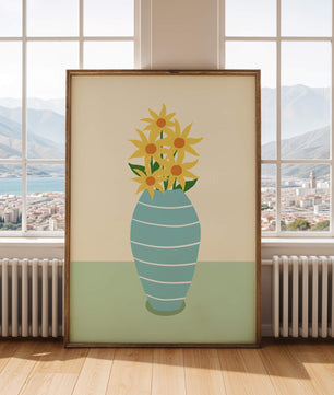 Yellow Sunflowers in a Blue Striped Vase on a Minimalist Background - Mi tienda