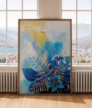 Floral illustration with blue leaves and golden accents on abstract background