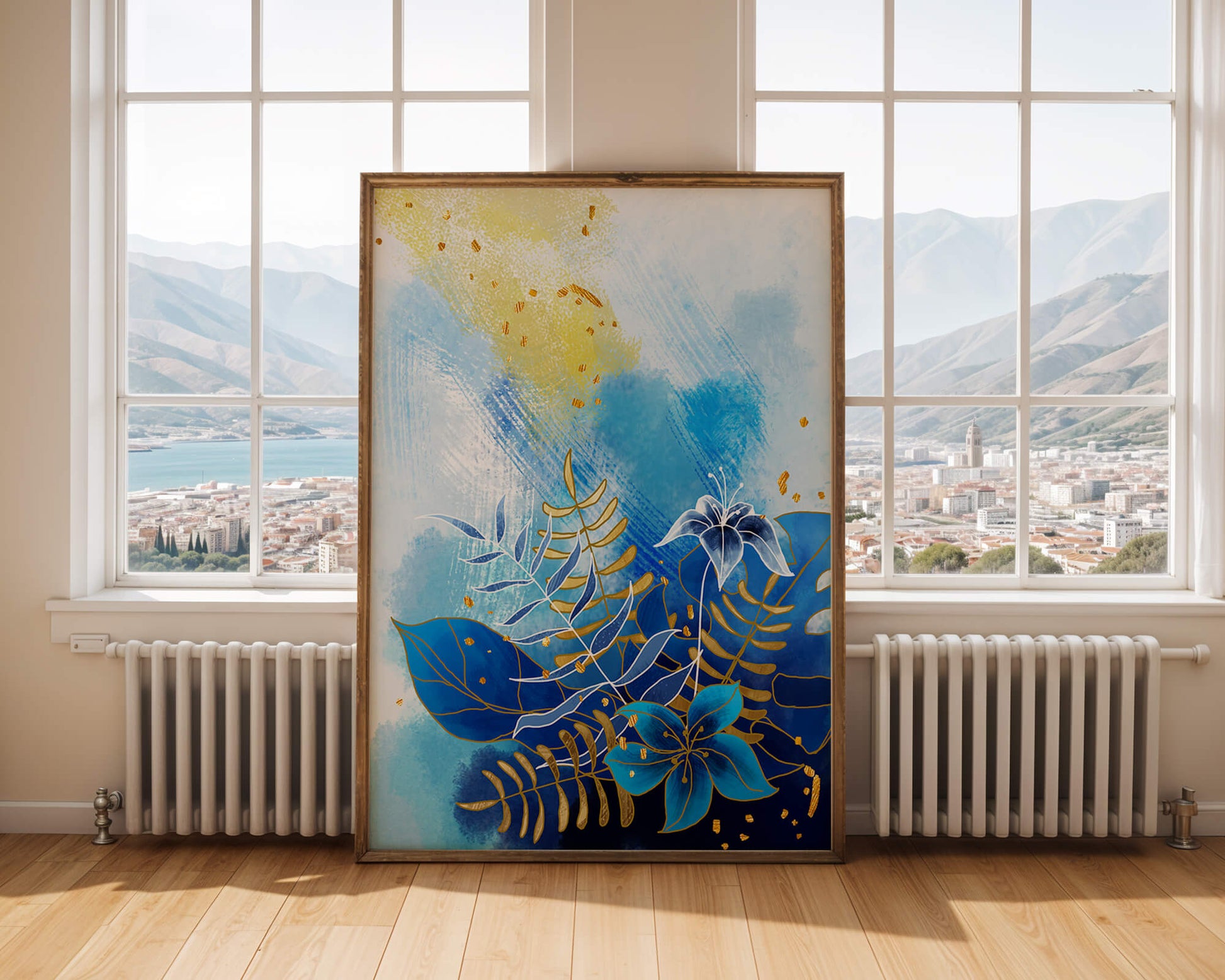 Floral illustration with blue leaves and golden accents on abstract background