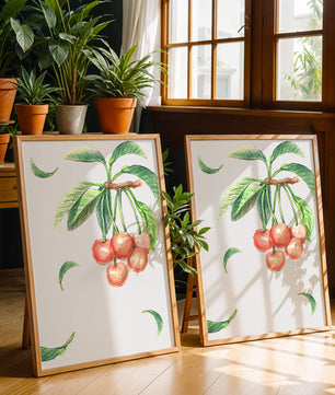Ilustración realista de rama de cerezo con hojas verdes