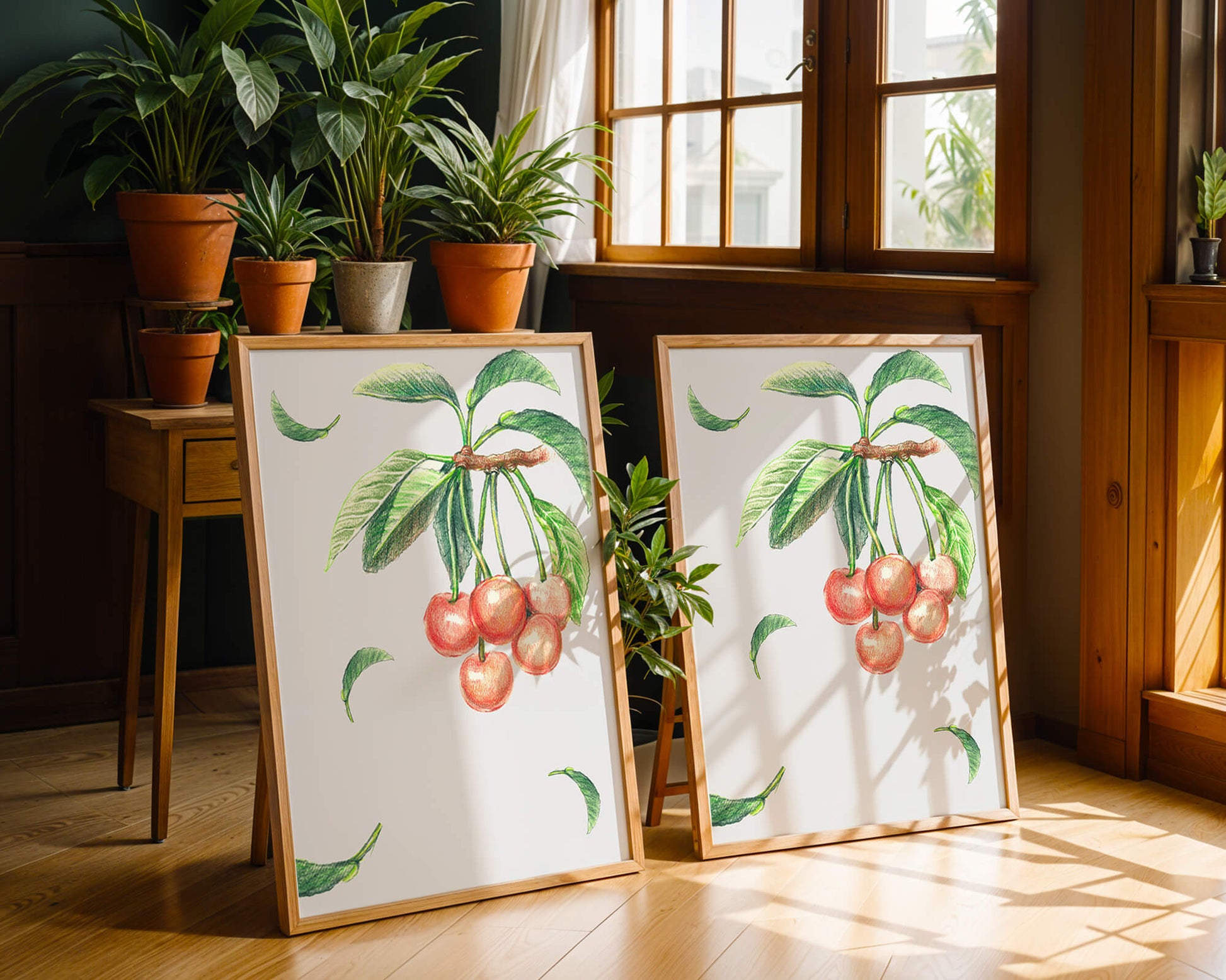 Realistic Illustration of Cherry Branch with Green Leaves