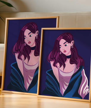 Illustration d'une fille élégante aux cheveux violets et à la veste bleue
