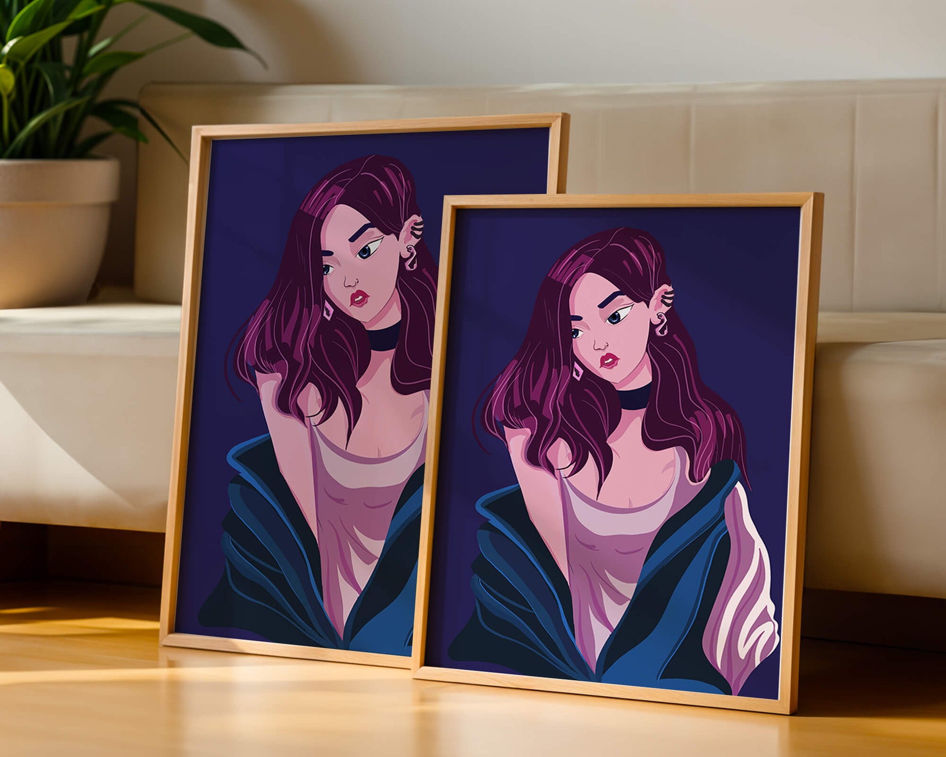 Stylish girl with purple hair and a blue jacket illustration