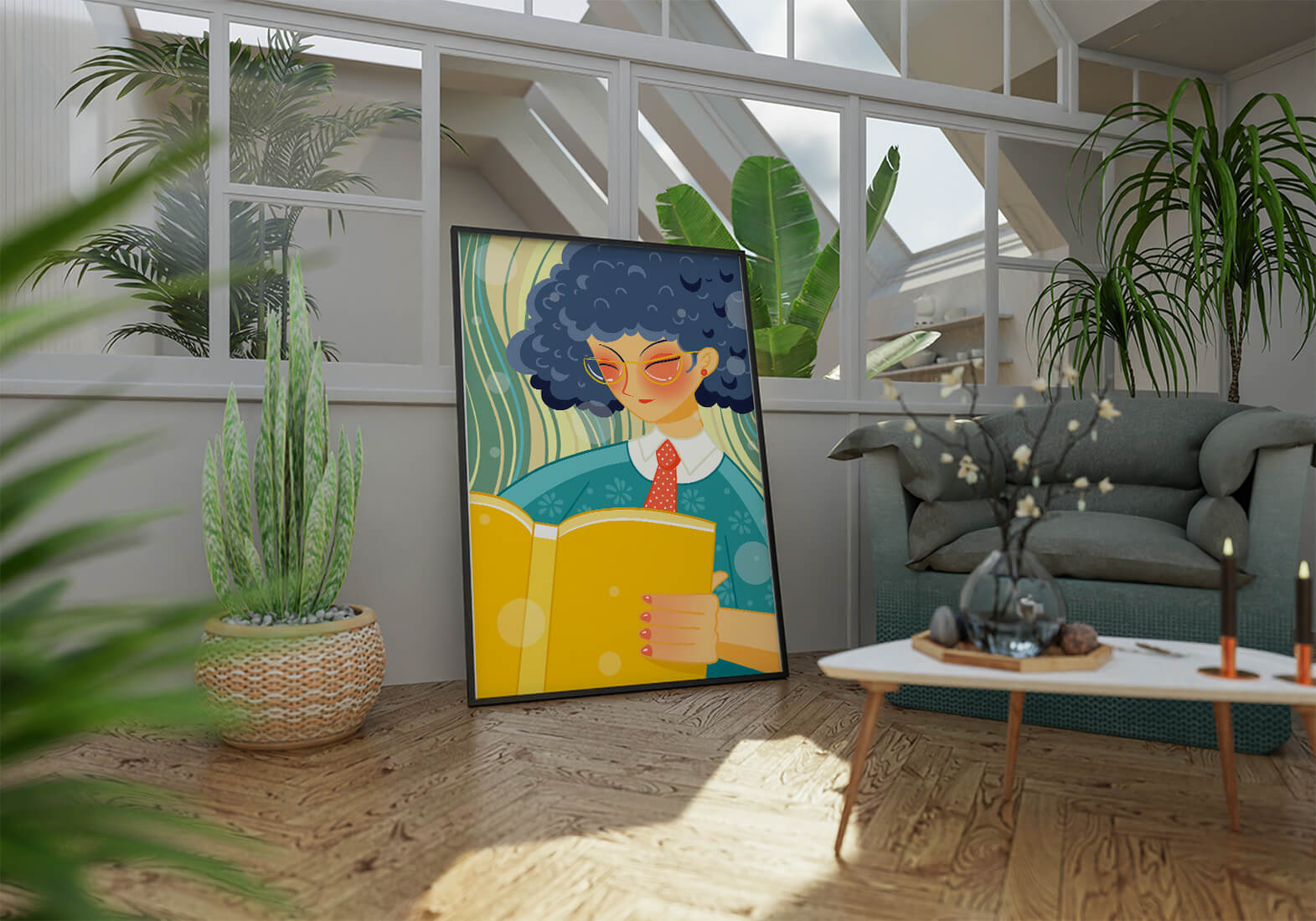 Illustration of a person reading a large yellow book in a stylized design
