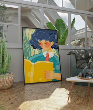 Illustration d'une personne lisant un grand livre jaune dans un style stylisé