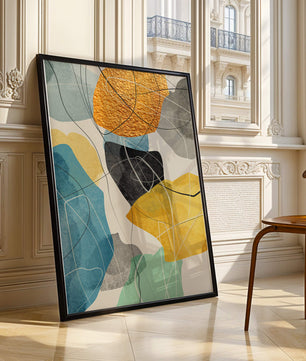 Abstrakte geometrische Kunst mit goldenen Akzenten und leuchtenden Farben