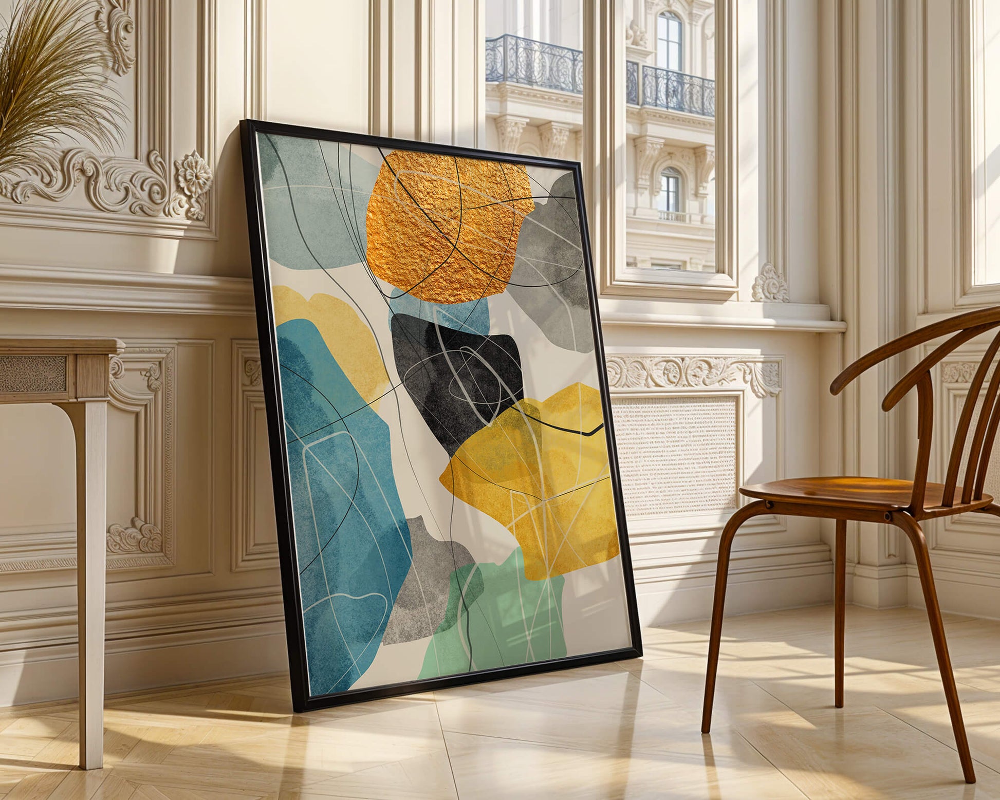 Arte geométrico abstracto con acentos dorados y colores vibrantes