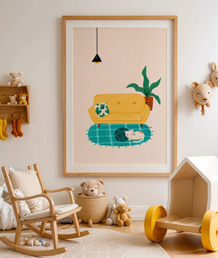 Cozy Living Room with Yellow Sofa and Sleeping Cat