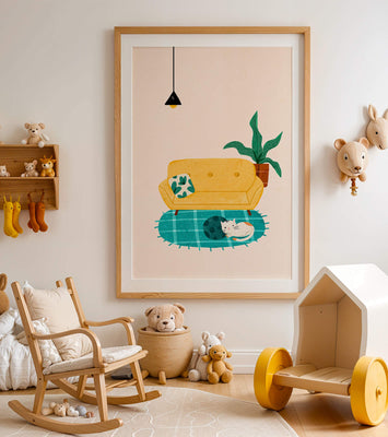 Cozy Living Room with Yellow Sofa and Sleeping Cat