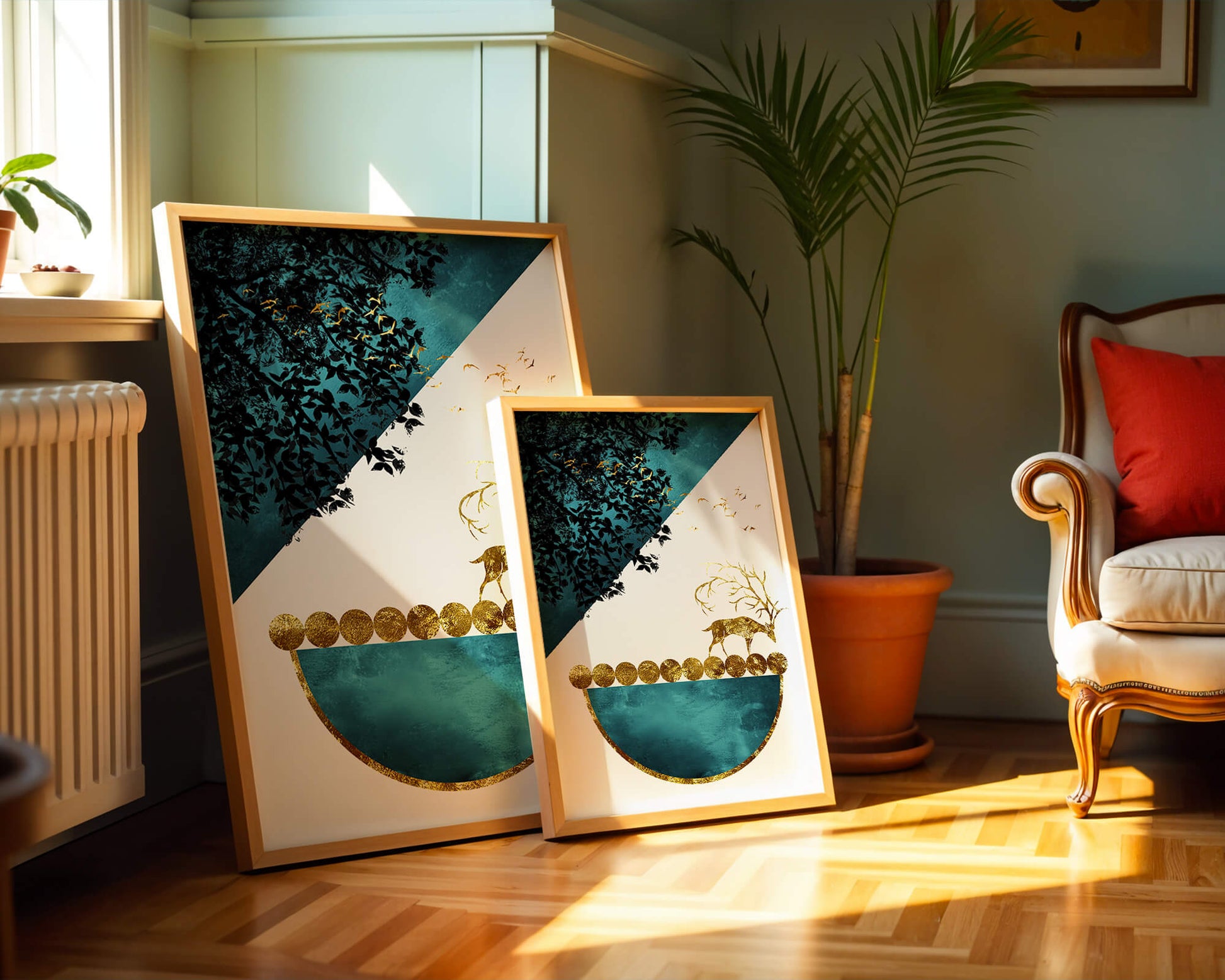 Abstract Deer with Golden Elements in a Mystical Forest Setting