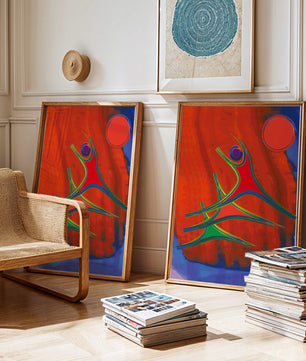 Abstract colorful artwork with dynamic figures and bold colors