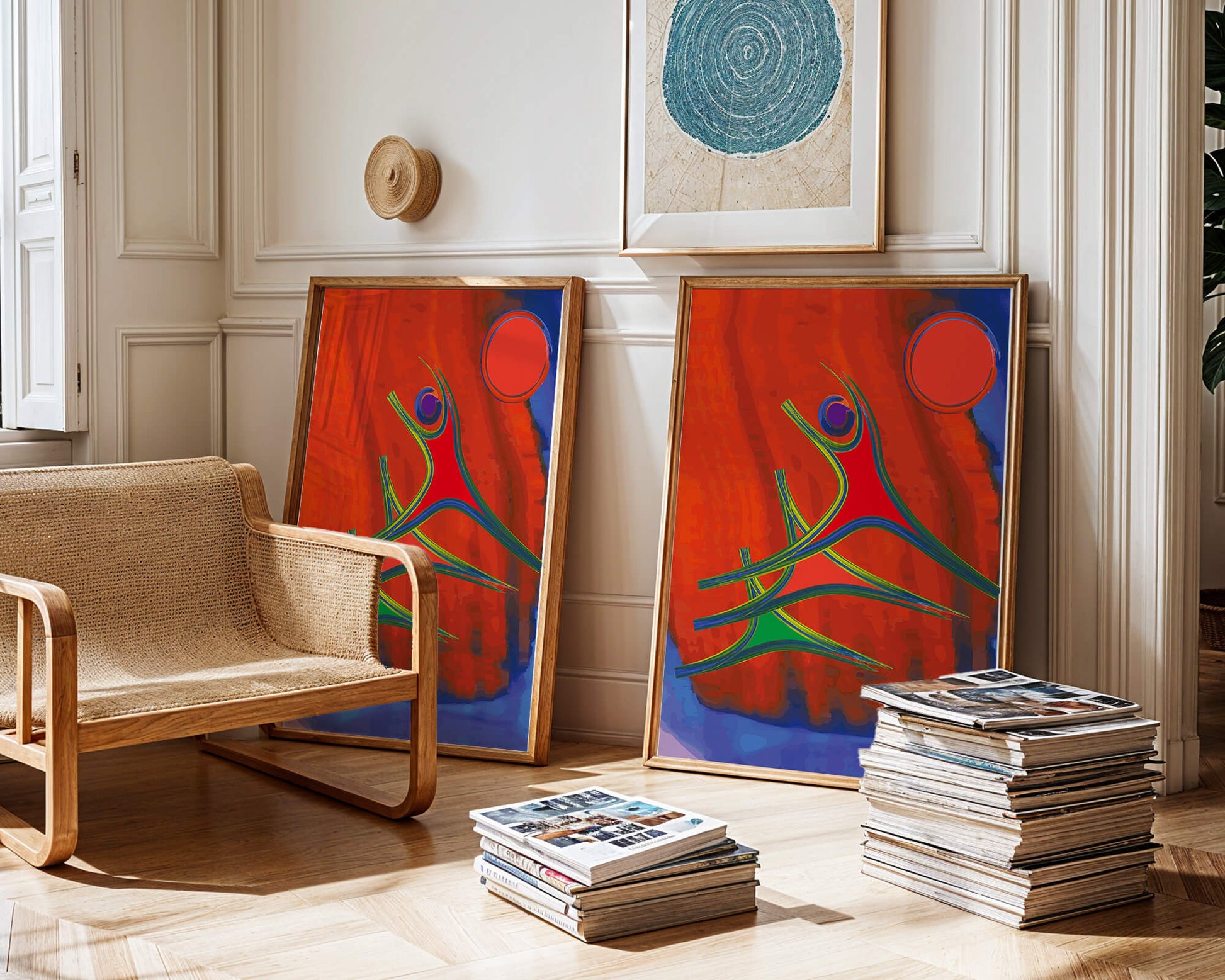 Abstract colorful artwork with dynamic figures and bold colors