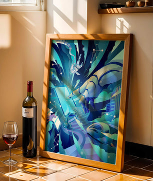 Futuristische digitale Kunst mit Astronaut und Roboterhand in lebhaften Blautönen