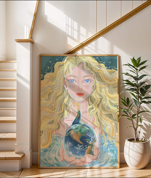 Fantasy artwork of woman holding earth with shimmering details