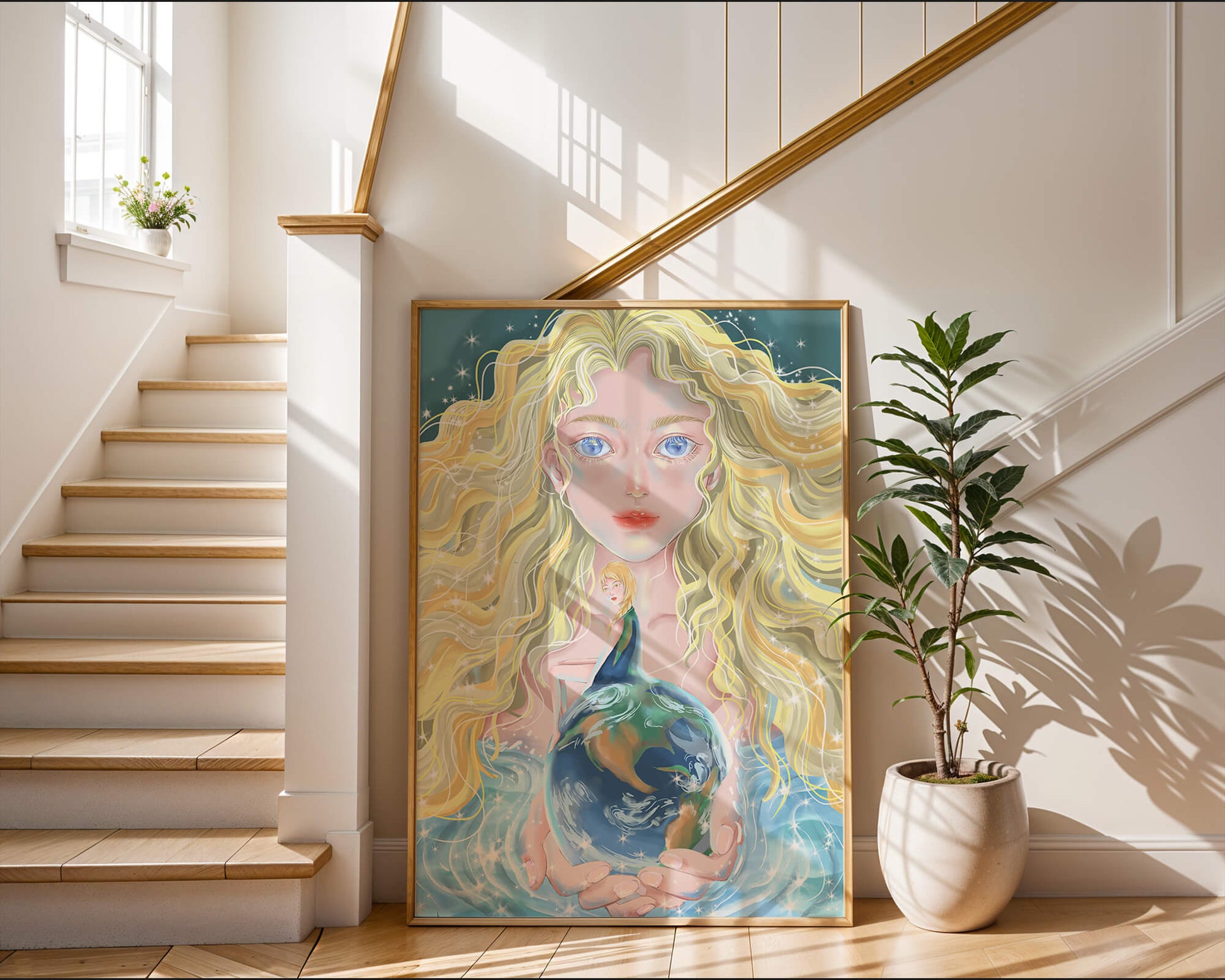Fantasy artwork of woman holding earth with shimmering details