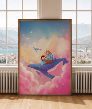 Fantasy illustration of girl and bear riding a whale through colorful clouds