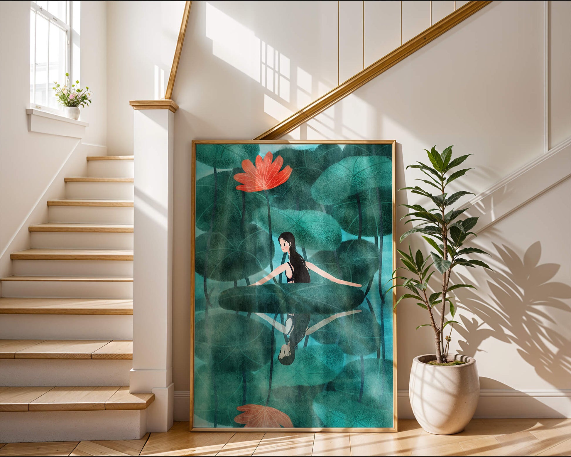 Woman Reflecting among Lotus Leaves and Flowers with a Mirror Image