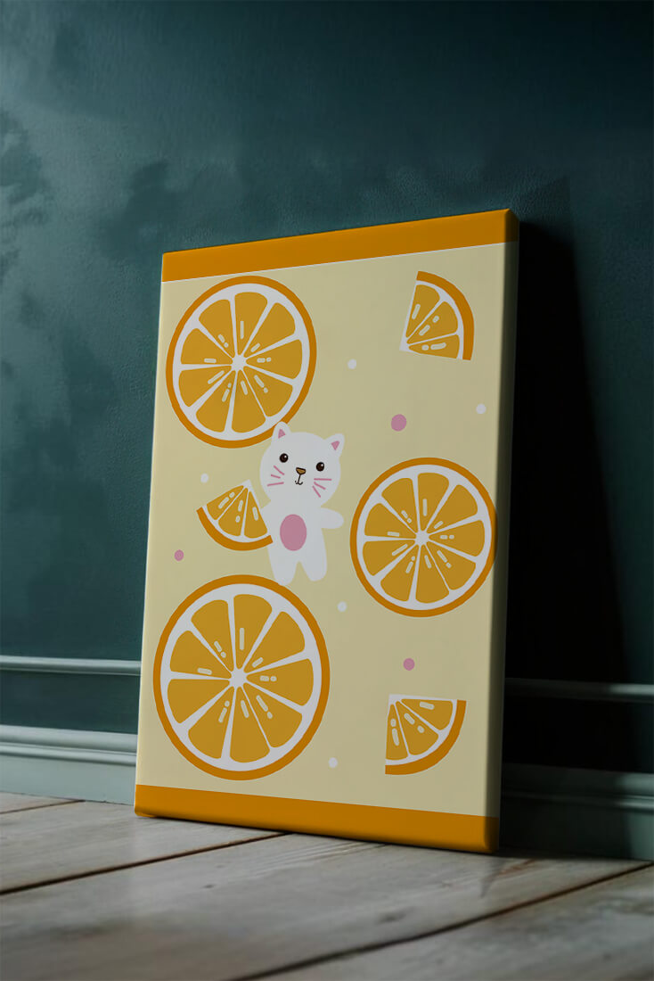 Illustration of a playful cat with orange slices on a colorful background
