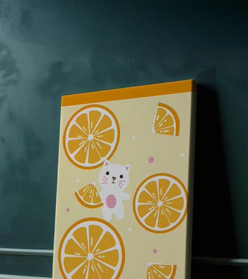 Illustration of a playful cat with orange slices on a colorful background