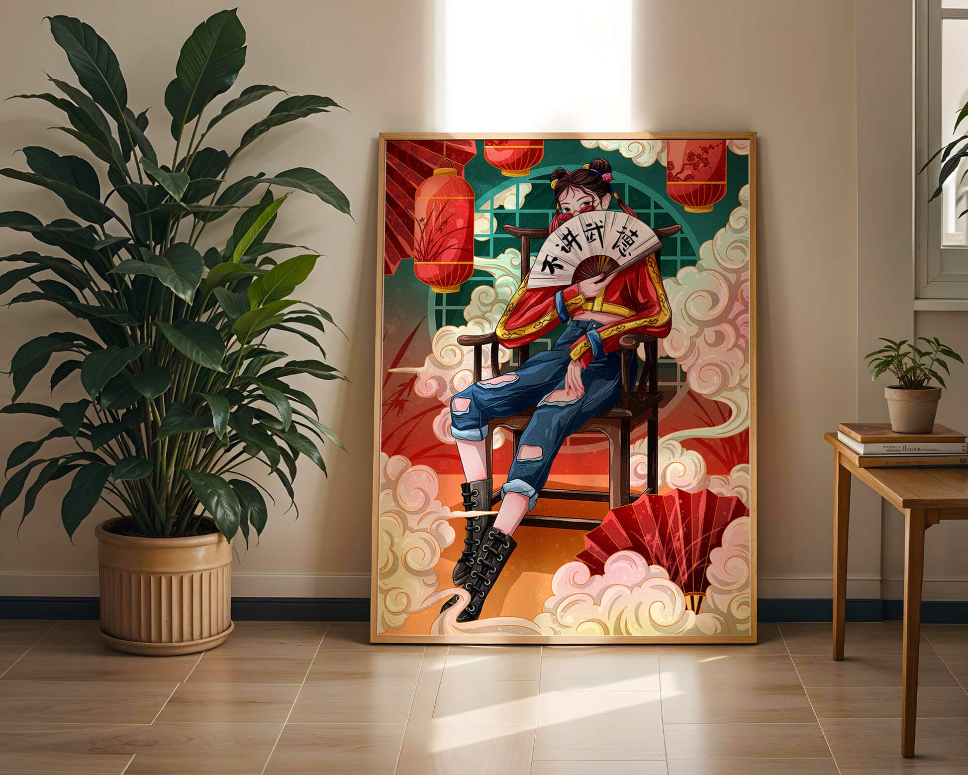 Female character with fan in colorful oriental setting