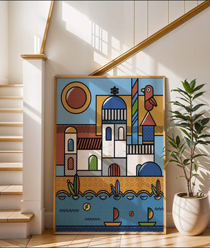 Bunte geometrische Küstendorf-Illustration mit Vögeln und Booten