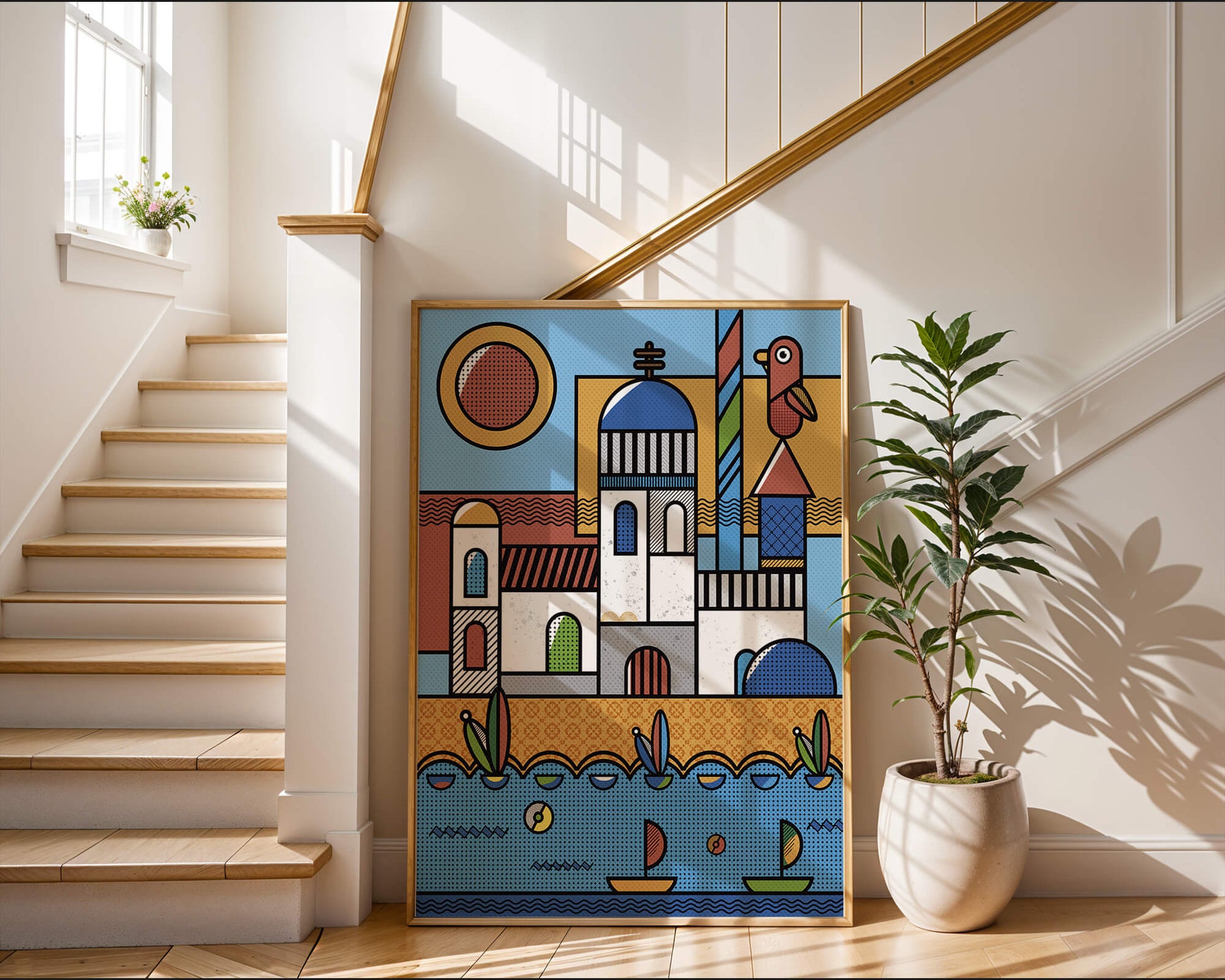 Bunte geometrische Küstendorf-Illustration mit Vögeln und Booten