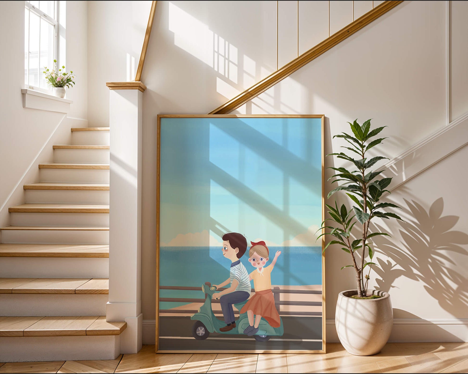Young couple enjoying a scenic scooter ride by the seaside