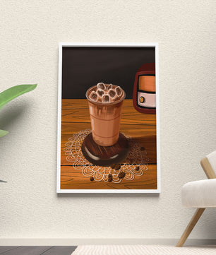 Escena de café vintage con café helado y radio retro
