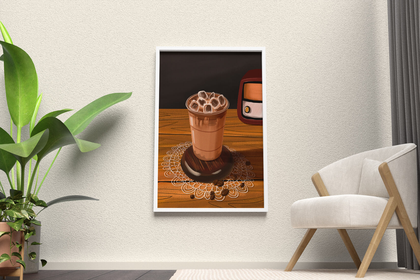 Escena de café vintage con café helado y radio retro