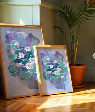 Serene aquatic scene with water lilies on abstract colorful background