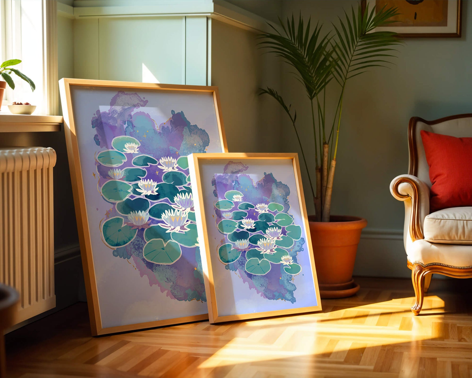 Serene aquatic scene with water lilies on abstract colorful background