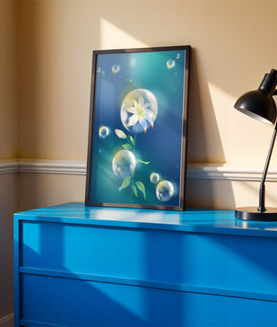 Zarte Blume in transparenten Blasen auf einem verträumten blauen Hintergrund