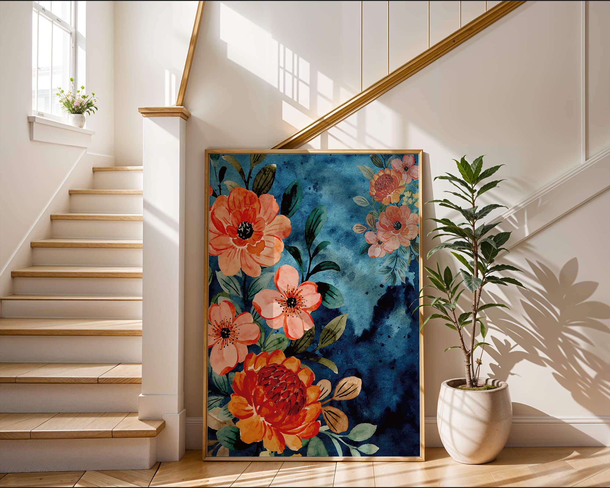 Vibrant floral watercolor design with orange blossoms and blue background