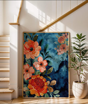 Vibrant floral watercolor design with orange blossoms and blue background