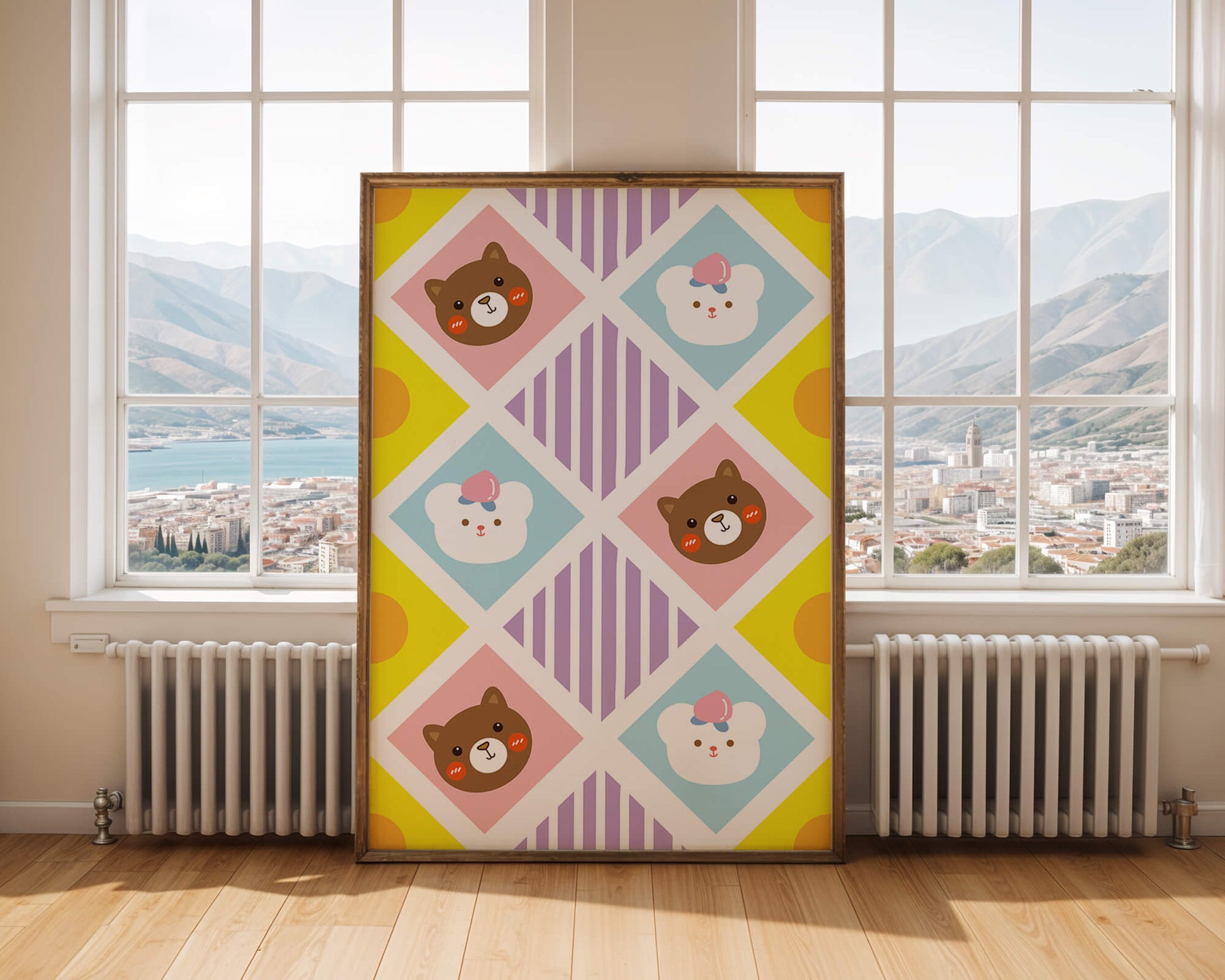 Playful geometric bear and colorful pattern for children's room decor