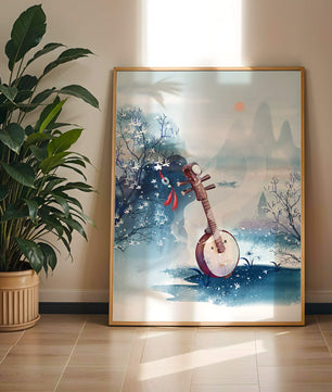Paisaje tradicional chino con instrumento musical y flores