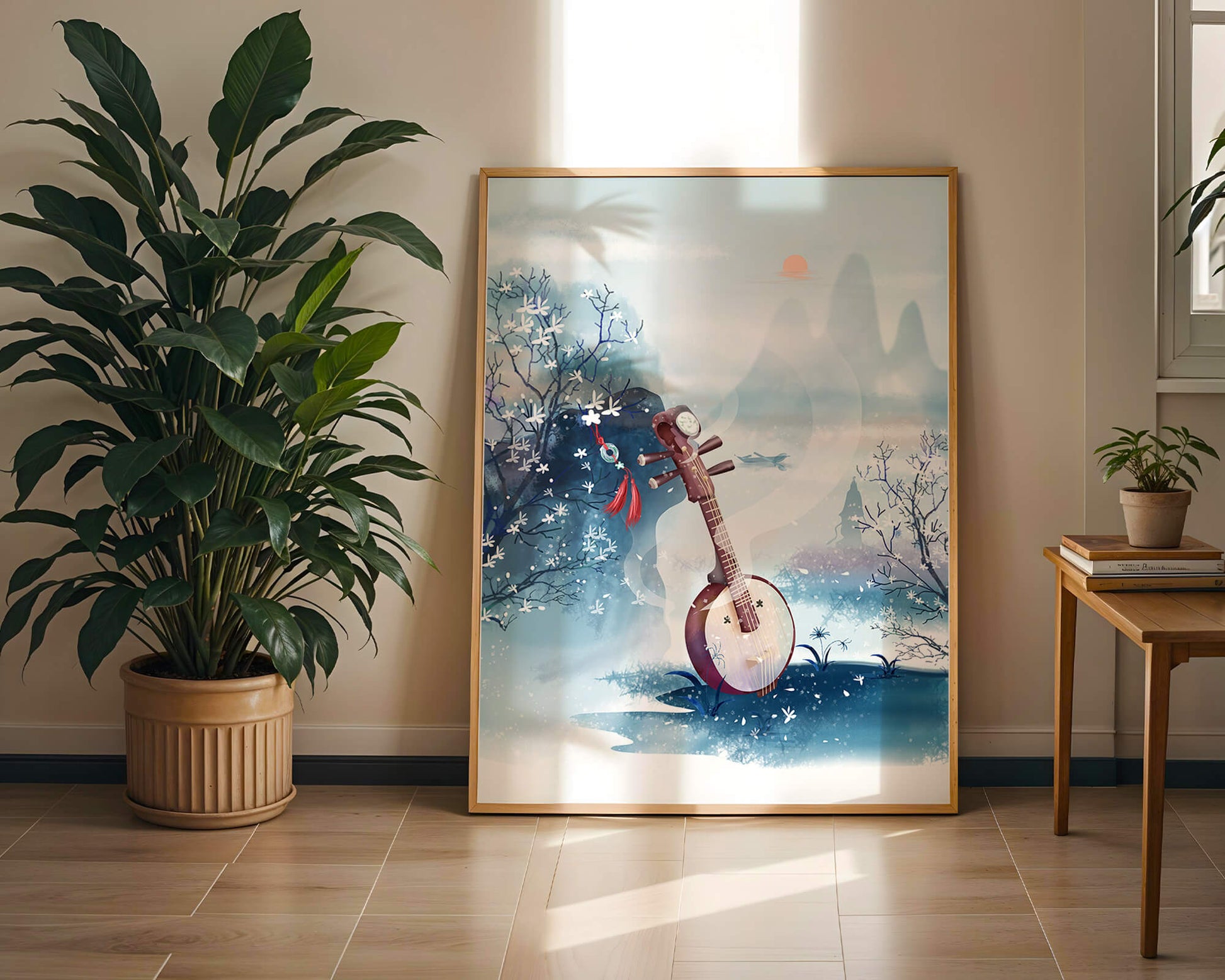Paisaje tradicional chino con instrumento musical y flores